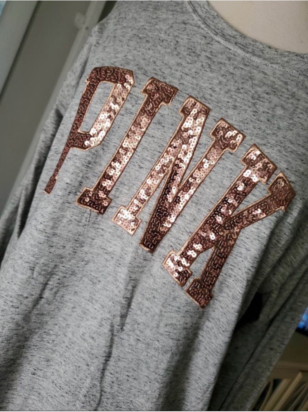 PINK Victoria's Secret Grey Top with Rose Gold Sequin Logo